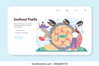 Paella web banner or landing page. Spanish traditional dish with seafood and rice on a plate. Chefs cooking healthy gourmet cuisine. Isolated vector illustration in cartoon style