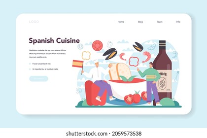 Paella web banner or landing page. Spanish traditional dish with seafood and rice on a plate. Chefs cooking healthy gourmet cuisine. Isolated vector illustration in cartoon style