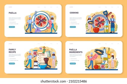 Paella web banner or landing page set. Spanish traditional dish with seafood and rice on a plate. Chefs cooking healthy gourmet cuisine. Isolated vector illustration in cartoon style