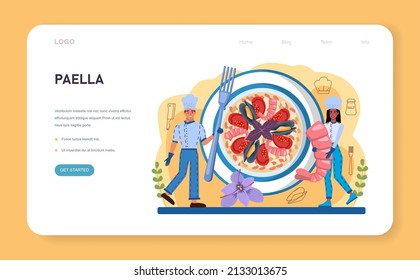 Paella web banner or landing page. Spanish traditional dish with seafood and rice on a plate. Chefs cooking healthy gourmet cuisine. Isolated vector illustration in cartoon style