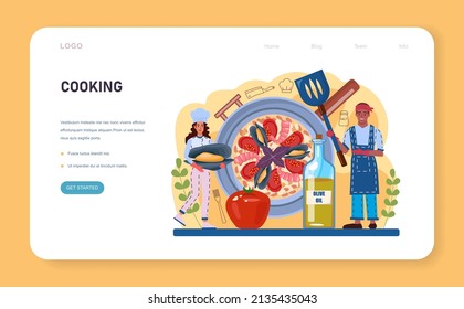 Paella web banner or landing page. Spanish traditional dish with seafood and rice on a plate. Chefs cooking healthy gourmet cuisine. Isolated vector illustration in cartoon style