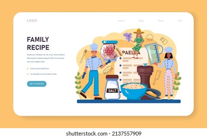 Paella web banner or landing page. Spanish traditional dish with seafood and rice on a plate. Chefs cooking healthy gourmet cuisine. Isolated vector illustration in cartoon style