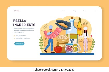 Paella web banner or landing page. Spanish traditional dish with seafood and rice on a plate. Chefs cooking healthy gourmet cuisine. Isolated vector illustration in cartoon style