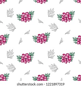 Paeonia blooming flowers buds bouquet garland leaves. Floral pattern on white background. Detailed vector design illustration for decoration, wrapping, textile, fabric.