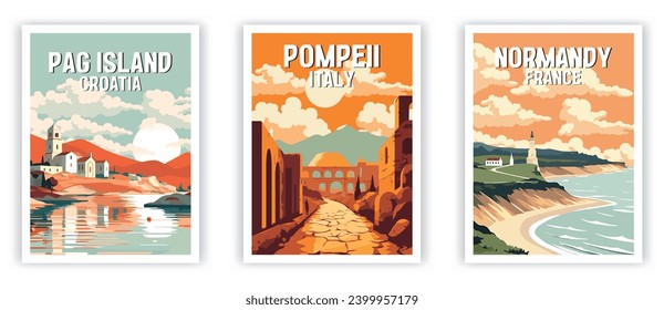 Pag Island, Normandy, Pompeii Illustration Art. Travel Poster Wall Art. Minimalist Vector art.