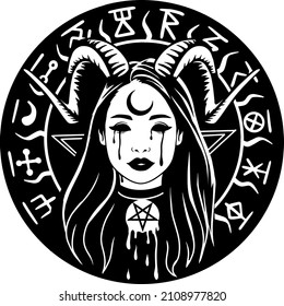 Pagan design, sorceress girl, witch woman with horns, gothic, digital art download. Vector hand-drawn illustration. Heavenly woman with moon. Svg cut cutting print t shirt design