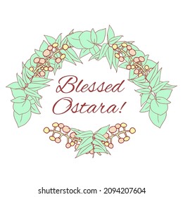 Pagan Festival Ostara Grußkarte. Vectorframe-Design in Pastellfarben mit dem Buchstaben Gesegnet und glücklich Ostara.