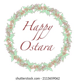 Pagan Festival Ostara Grußkarte. Vectorframe-Design in Pastellfarben mit dem Buchstaben Happy Ostara.