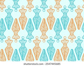 Pagan goddess cucuteni culture seamless pattern. Abstract trypillia culture tribal motif. Naive slavic heritage harvest goddess sculpture. Old civilization character.