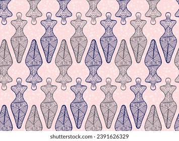 Pagan goddess cucuteni-trypillia culture endless ornament. Simple european folkloric vector. Naive pagan mythology harvest goddess silhouette. Woman body drawing.