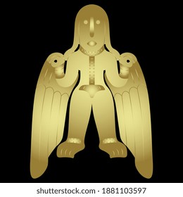 Pagan goddess. Fantastic standing winged woman. Golden silhouette on black background. Permian animal style from ancient Siberia.