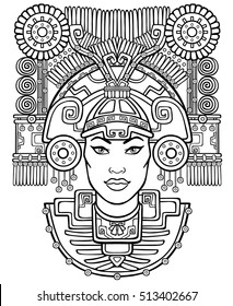  Pagan goddess. Motives of art Native American Indian. Vector illustration: the black silhouette isolated on a white background. Be used for coloring book.  Print, posters, t-shirt, textiles.