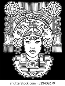  Pagan goddess. Motives of art Native American Indian.  Vector illustration: the white silhouette isolated on a black background. Ethnic design, boho chic. Print, posters, t-shirt, textiles. 