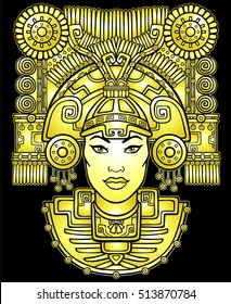 Pagan goddess. Motives of art Native American Indian. Vector illustration: yellow silhouette isolated on a black background.Gold imitation. Ethnic design, boho chic. Print, posters, t-shirt, textiles.