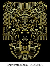 Pagan goddess. Motives of art Native American Indian. Vector illustration: yellow silhouette isolated on a black background.Gold imitation. Ethnic design, boho chic. Print, posters, t-shirt, textiles.