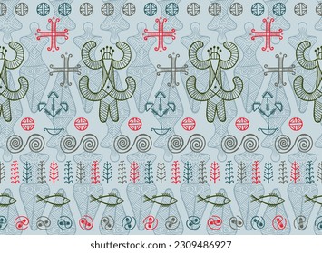 Pagan goddess trypillia culture seamless pattern. Beautiful trypillia culture ethnic vector. Naive slavic mythology fertility archetype sculpture. Eneolithic mystery graphic.