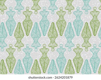 Pagan goddess trypillian culture endless pattern. Magic european ethnic vector. Ancient pagan mythology harvest archetype figurine. Eneolithic mystery graphic.