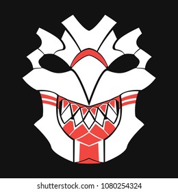 Pagan mask on a dark background in red-white colors. Two-color mask of a tiki