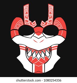 Pagan mask on a dark background in red-white colors. Two-color mask of a tiki