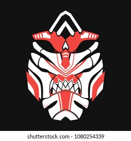 Pagan mask on a dark background in red-white colors. Two-color mask of a tiki