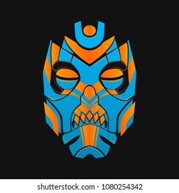 Pagan mask on a dark background in red-white colors. Two-color mask of a tiki