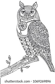 Pagan owl on a tree.
Vector illustration on transparent.
Hand-drawn picture for coloring book.