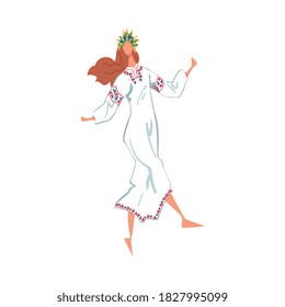 Pagan Ritual Dance, Beautiful Slavic Girl Performing Folk Dance Wearing Traditional White Dress And Wreath Of Flowers Cartoon Style Vector Illustration