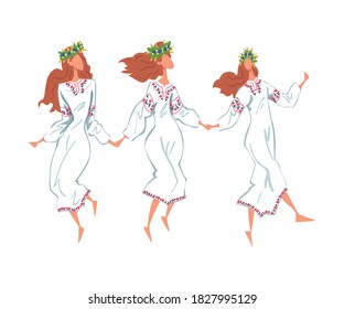 Pagan Ritual Dance, Three Slavic Young Women Dancing Wearing Traditional Dress and Wreath of Flowers Cartoon Style Vector Illustration