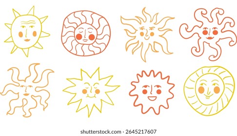 pagan solar set in linear hand drawn style in vector. elements for decor postcard design print sticker poster background
