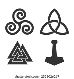 Conjunto de símbolos paganos. Valknut, triquetra y signo celta del infinito. Thor Hammer Mjolnir. Logotipo de la cultura nórdica. Imagen de Ilustración vectorial.