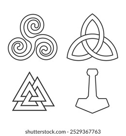 Conjunto de símbolos pagãos. Sinal de noz, triquetra e infinito celta. Thor hammer mjolnir. Logótipo da cultura nórdica. Imagem de ilustração vetorial.