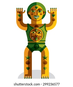 Pagan symbol vector illustration, spiritual cult theme. Modernistic drawing of a weird character. Flat design portrait isolated on white. Colorful drawing of bizarre beast.