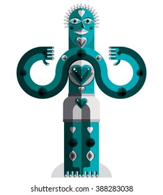 Pagan symbol vector illustration, spiritual cult theme. Modernistic drawing of a weird character. Flat design portrait isolated on white.