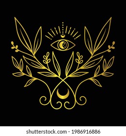 Pagan symbolic with floral ornament third eye and crescent moon. Esoteric illustration for logo tattoo design tarot cards