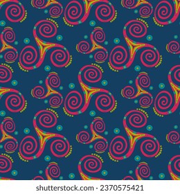 Pagan triple spiral celtic triskele rotating sign endless pattern. Three legs triskele swirl sacred geometry. Irish joining spirals psychedelic motif. Nordic symbol ornament.