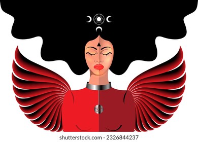 Pagan winged goddess with closed eyes in long hair. Lunar woman Hecate ancient Greek mythology. Celtic sorceress with wings, wiccan spirituality, occultism symbol. Vector illustration