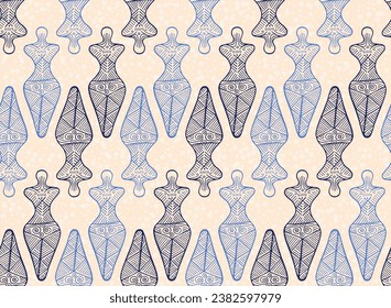 Pagan woman cucuteni-trypillia symbol endless pattern. Decorative moldovan tribal vector. Naive pagan legacy mother archetype silhouette. Female figure sketch.