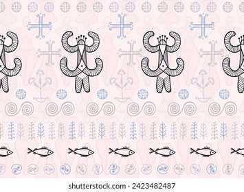 Pagan woman trypillia symbol seamless pattern. Simple moldovan tribal motif. Ancient pagan mythology fertility archetype sculpture. Easter egg symbols.