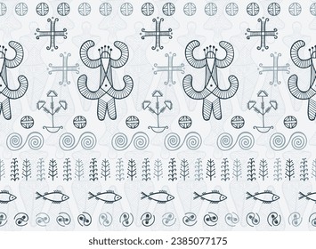 Pagan woman trypillian symbol seamless ornament. Decorative romanian traditional vector. Ancient pagan legacy fertility archetype silhouette. Eneolithic mystery graphic.