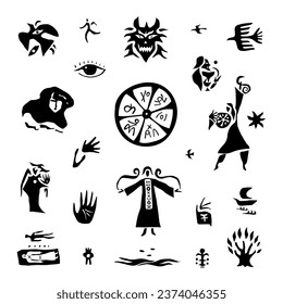 paganism ancient religion shamanism ,shaman magician fairytale character - vector  icon set, isolated graphic silhouettes collection