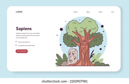 Paganism and animism web banner or landing page. Prehistoric belief in nature forces. Hand made religious symbol or idol. Flat vector illustration