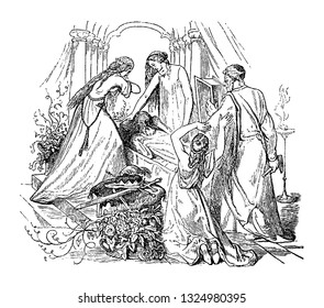Paganer, die die Toten verhörten, um Zukunft und versteckte Dinge zu lernen, und schweren Missbrauch, gravierte die klassische Linienkunst-Illustration. Höllenwörterbuch 1863.