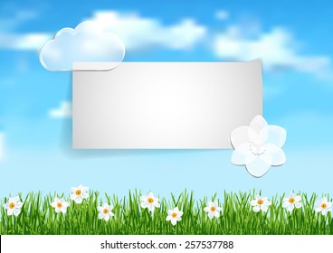 Page 1 of 10 cover. Mock-up for info graphic, presentation, books, documents, etc with blue sky,  white clouds end white flowers on green grass.