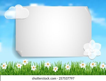 Page 2 of 10. Mock-up for info graphic, presentation, books, documents, etc with blue sky,  white clouds end white flowers on green grass.