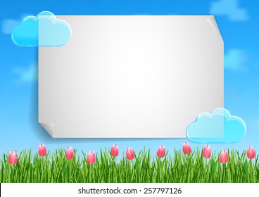 Page 2 of 10. Mock-up for info graphic, presentation, books, documents, etc with blue sky, transparent clouds, green grass end pink flowers tulips