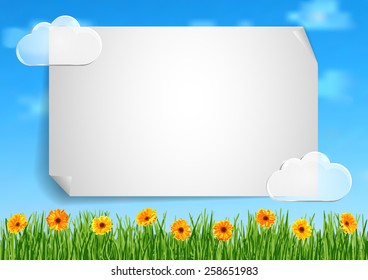 Page 2 of 10. Mock-up for info graphic, presentation, books, documents, card etc with blue sky, transparent clouds, green grass and orange gerbera flowers 