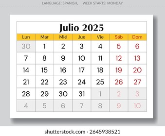 Page of 2025 Spanish july calendar - month julio. Vector illustrations for month for Spain