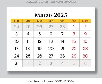Page of 2025 Spanish march calendar - month marzo. Vector illustrations for spring month for Spain