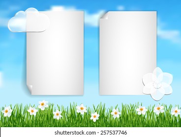 Page 3 of 10. Mock-up for info graphic, presentation, books, documents, etc with blue sky,  white clouds end white flowers on green grass.