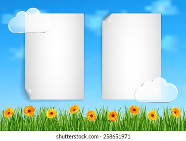 Page 3 of 10. Mock-up for info graphic, presentation, books, documents, card etc with blue sky, transparent clouds, green grass end orange gerbera flowers 